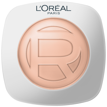 L'Oréal Paris True Match Hyaluron Tinted Balm, biały kompakt z jasnym podkładem i wytłoczonym 'R'.