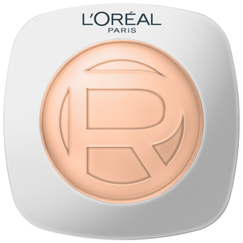L'Oréal Paris True Match, kompaktowy podkład w jasnym beżu, z wytłoczoną literą R, widok z góry.