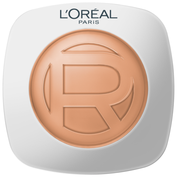 L'Oréal Paris True Match prasowany puder w białym opakowaniu, jasnobeżowy odcień z logo 'R', widok z góry.