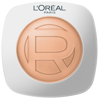 L'Oréal True Match Hyaluron Tinted Balm, jasnobeżowy podkład w białym kompakcie, widok z góry z logo i R.