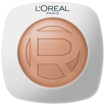 L'Oréal Paris True Match puder w kamieniu, białe opakowanie z beżowym wkładem i wytłoczonym 'R', widok z góry.