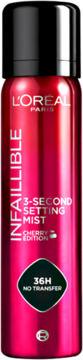 Metaliczny czerwony spray L'Oréal Infallible 3-Second Setting Mist Cherry Edition 36H, widok z przodu.