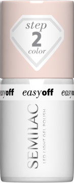 Butelka lakieru Semilac Easy Off LED Light Coconut Milk, półtransparentny mleczno-biały. Biała z różową zakrętką, 'step 2 color', 'easy off'.