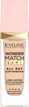 Eveline Wonder Match Lumi All Day Glow Foundation, beżowa butelka, długotrwały podkład rozświetlający, z przodu.