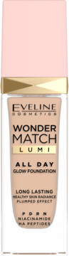 EVELINE WONDER MATCH LUMI GLOW FOUNDATION, beżowy, w szklanej butelce z różową nakrętką, widok z przodu.