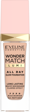 Eveline Wonder Match Lumi Glow Foundation, jasny, rozświetlający podkład, widok z przodu.