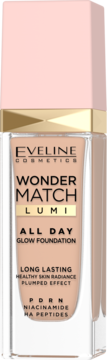 Eveline Wonder Match Lumi, długotrwały podkład rozświetlający w szklanej butelce z różową zakrętką, z przodu.