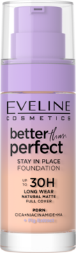 Eveline Better Than Perfect 30H podkład stay in place w butelce z pompką, gradient fioletowo-beżowy, widok z przodu.