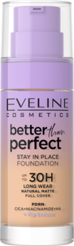Fioletowo-beżowy podkład Eveline Better Than Perfect 30H Longwear w szklanej butelce z pompką, widok z przodu.
