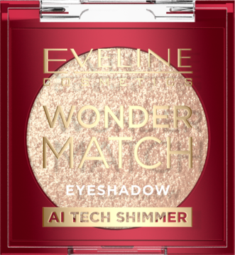 Eveline Wonder Match AI Tech Shimmer Eyeshadow, złoty błyszczący cień w czerwonym kompakcie, widok z góry.