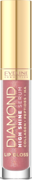 Eveline Diamond High Shine Serum Lip Gloss, błyszczący różowy, w przezroczystej tubce ze złotą nakrętką.