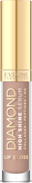 Eveline Diamond High Shine Serum Lip Gloss, nude, z kolagenem i peptydami, transparentna tubka, widok z przodu.