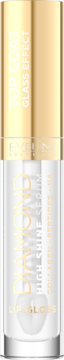 Eveline Diamond TOP COAT Lip Gloss, clear tube, gold cap, frontal view, with collagen, peptides, HA.
