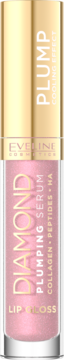 Błyszczyk Eveline Diamond Plumping Serum, różowy z brokatem, w przezroczystej tubce ze złotą zakrętką, widok z przodu.