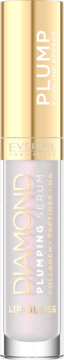 Eveline Diamond Plumping Lip Gloss z efektem chłodzenia, przezroczyste opakowanie, złota nakrętka, widok z przodu.