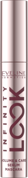 Eveline Infinity Look Volume & Care Serum Mascara w różowo-złotej tubce, napis LOOK jako symbol nieskończoności.