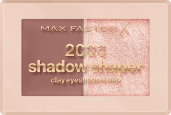 Max Factor 2000 Shadow Shaper, duet cieni do powiek: matowy róż i błyszcząca brzoskwinia w różowym opakowaniu.