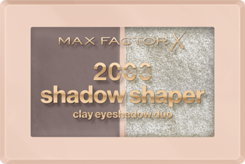 Max Factor 2000 Calorie Shadow Shaper, duet cieni do powiek: matowy taupe i błyszczący beż, widok z góry.