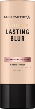 Max Factor Facefinity Lasting Blur N95 Ivory, matowy podkład wygładzający, beżowa butelka, widok z przodu.