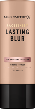 Max Factor Facefinity Lasting Blur, wygładzający podkład matujący C102 Pastelle, butelka nude z czarnym dnem.