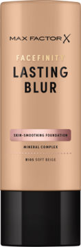 Max Factor Facefinity Lasting Blur, wygładzający podkład w beżowej butelce z czarną podstawą, odcień N105 Soft Beige.