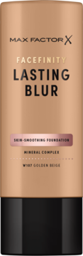 Max Factor Facefinity Lasting Blur Skin-smoothing foundation W107 Golden Beige, front view of tall brown bottle.