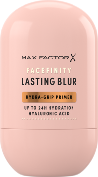 Max Factor Facefinity Lasting Blur Hydra-Grip Primer w bladoróżowej butelce w kształcie kapsułki, widok z przodu.
