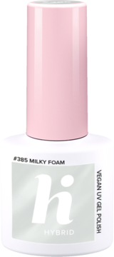 Hi Hybrid #385 Milky Foam, wegański lakier UV do paznokci w białej butelce z różową nakrętką, widok z przodu.