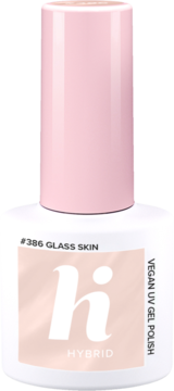 Biała butelka wegańskiego lakieru hybrydowego hi #386 Glass Skin. Transparentny nude polish do paznokci, widok z przodu.