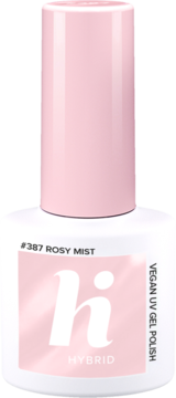 Różowy lakier hybrydowy hi hybrid #387 Rosy Mist, butelka z różową nakrętką, widok z przodu, wegański.