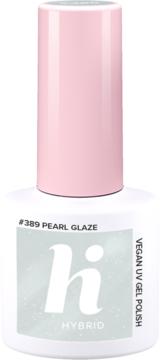 Hi Hybrid #389 Pearl Glaze, biała buteleczka z różową nakrętką, perłowy, wegański lakier UV gel.
