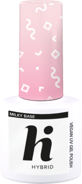 Biała butelka lakieru hybrydowego hi HYBRID Milky Base z różową nakrętką w białe wzory, widok z przodu.