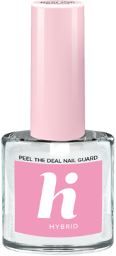 Butelka Peel the Deal Nail Guard, przezroczysta, z różową etykietą 'h i HYBRID' i jasnoróżową nakrętką, widok z przodu.