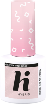 Hi Hybrid Glowy Pink Base, różowa baza UV gel polish, butelka z różową nakrętką w białe wzory, widok z przodu.