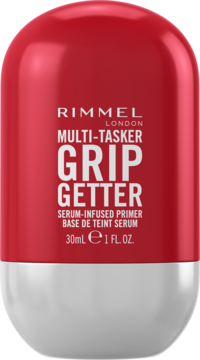 Rimmel Multi-Tasker Grip Getter serum-infused baza pod makijaż, czerwona kapsuła, widok z przodu, lekko pod kątem.