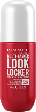 Czerwony spray utrwalający makijaż Rimmel London Multi-Tasker Look Locker z białą nakrętką, widok z przodu.