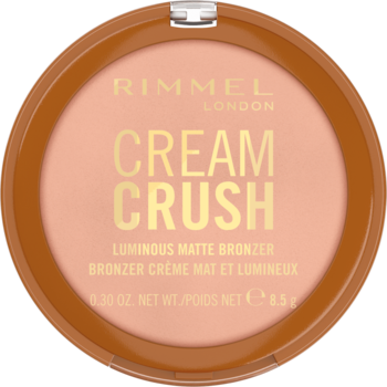 Rimmel Cream Crush Luminous Matte Bronzer, kremowy bronzer w okrągłym, brązowym kompakcie, widok z góry.