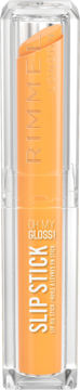 Rimmel Slip Stick 3w1: szminka, błyszczyk, olejek. Pomarańczowy, nawilżający, w przezroczystym etui. Widok z przodu.