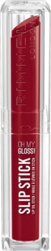 Rimmel Oh My Gloss! Slip Stick, czerwona nawilżająca szminka-olejek z ukośnym sztyftem, w przezroczystej tubie.