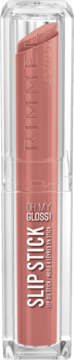 Rimmel OH MY GLOSS! SLIP STICK, beżowo-różowa pomadka olejowa w przezroczystej tubie, widok z przodu, błyszcząca.