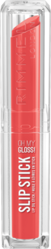 Rimmel Oh My Gloss! Slip Stick, koralowa szminka z olejkiem do ust w przezroczystej tubie, widok z przodu.