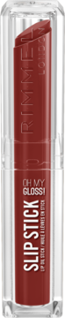 Rimmel Oh My Gloss! Slip Stick, szminka 3w1 w głębokiej czerwieni, w przezroczystym opakowaniu, z przodu.