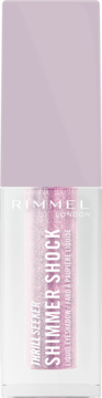 Rimmel London Shimmer Shock błyszczący cień w płynie, różowo-liliowy, w tubce z przezroczystym dołem i liliową zakrętką.