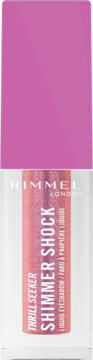 Rimmel Shimmer Shock płynny cień do powiek Thrill Seeker, różowo-złoty z brokatem, w przezroczystej tubce z różową zakrętką, widok z przodu.