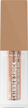 Rimmel Shimmer Shock płynny cień do powiek, brokatowy odcień szampańskiego złota, w przezroczystej tubce, widok z przodu.