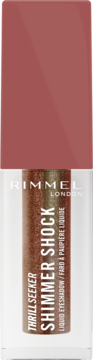 Rimmel Shimmer Shock płynny cień do powiek Thrill Seeker, brązowy shimmer, różowa nakrętka, widok z przodu.