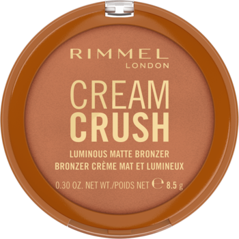Rimmel Cream Crush Luminous Matte Bronzer, okrągły brązowy kompakt z efektem świetlistego matu, widok z góry.