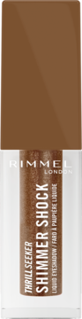 Rimmel Shimmer Shock Thrill Seeker, brązowy płynny cień do powiek w przezroczystej butelce z brązową zakrętką, pionowo.