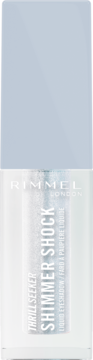 Rimmel Shimmer Shock, błyszczący cień w płynie, jasnoniebieska tubka z brokatem, widok z przodu.