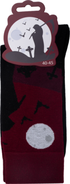 Czarne i bordowe skarpety Halloween z motywem Grim Reapera, księżyca i nietoperzy na opakowaniu i produkcie. Rozmiar 40-45.